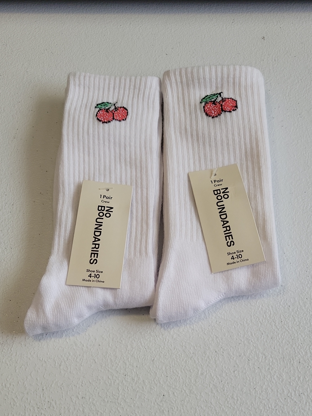 White Crew Socks with Embroidered Cherries.  T22